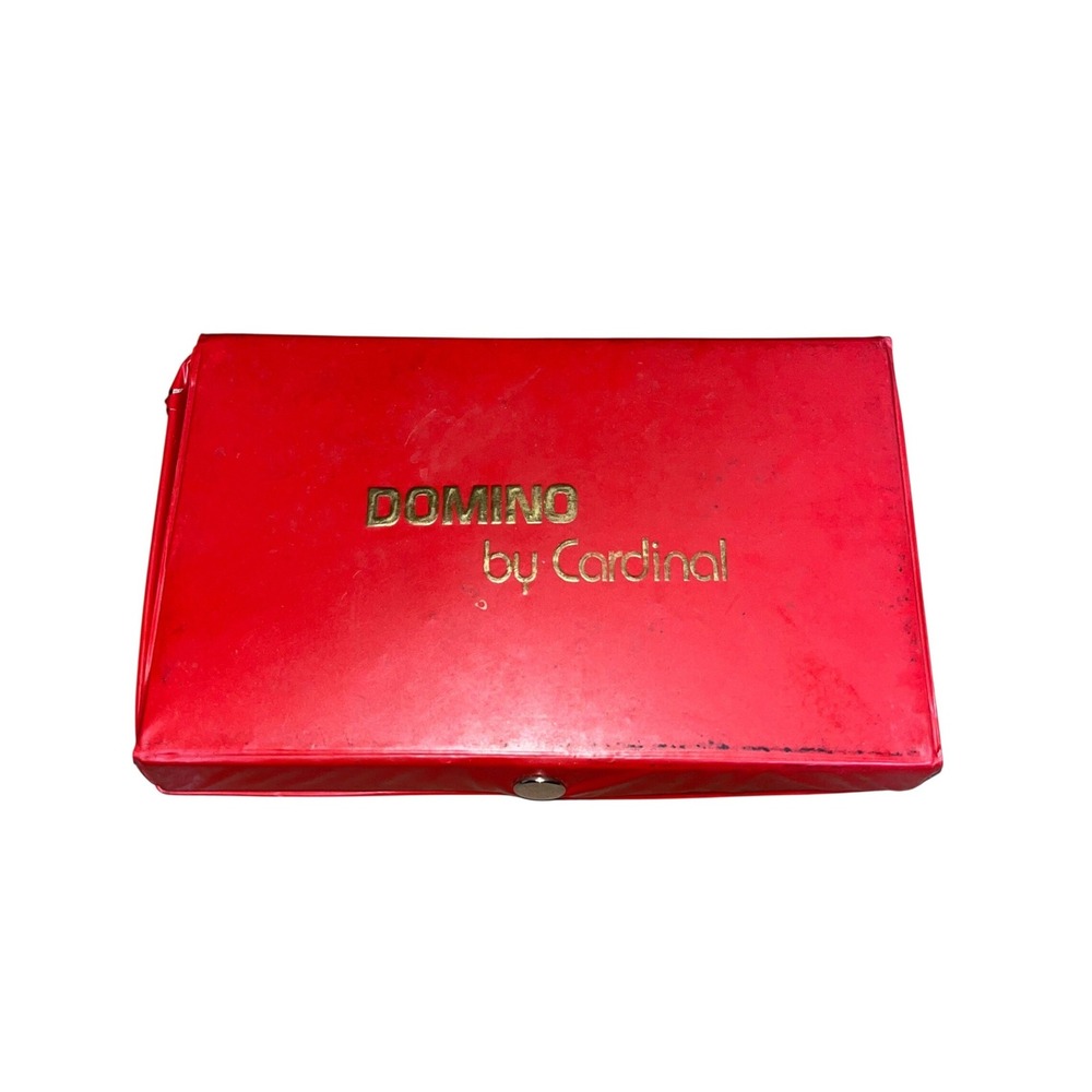 Vintage Cardinal Dominoes Set Red Vinyl Snap Case Cream Tiles Classic Game